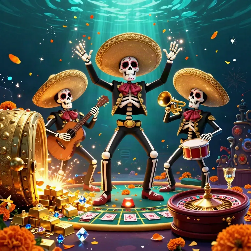 Skeleton mariachi trio amid a vault blast, gold, gems, confetti and casino glow