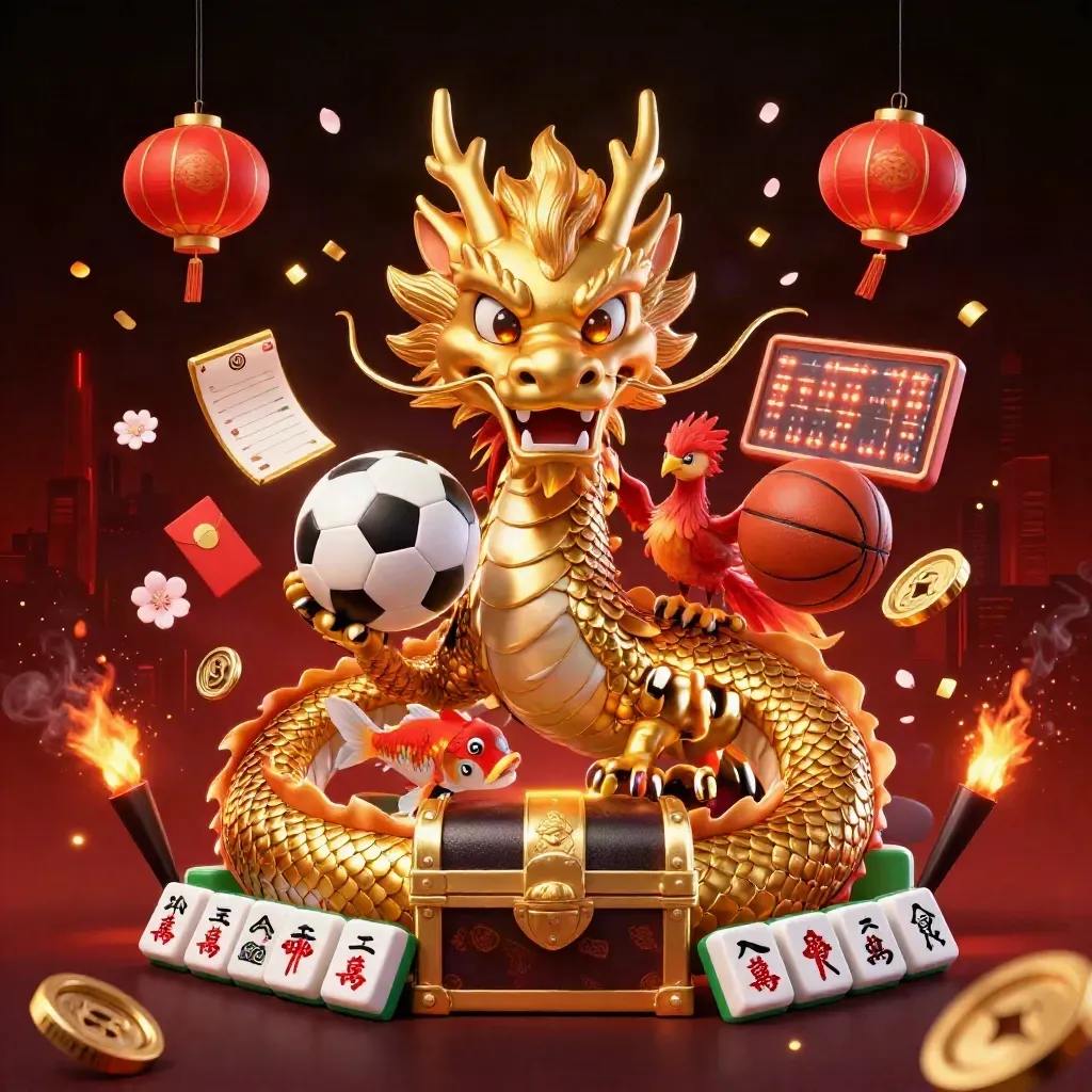 Golden dragon, phoenix, koi and casino game tokens erupt in a neon red-and-gold vault scene.