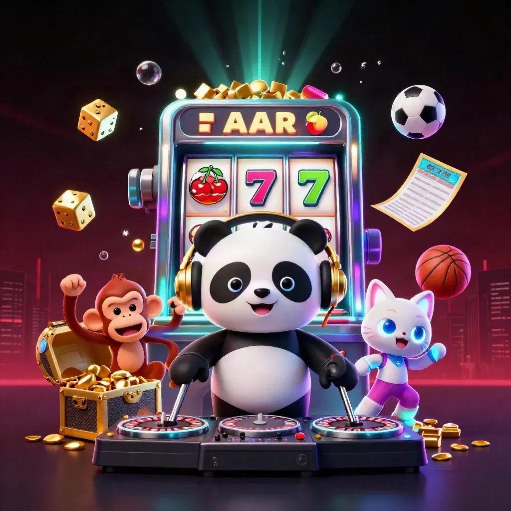 DJ panda, monkey and glow-stick kitten amid slot bursts, gold, and neon sports props