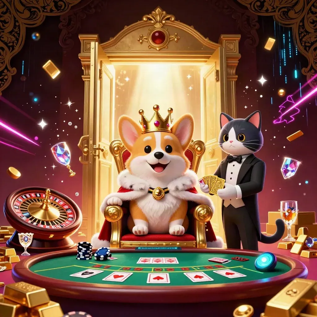 Crowned corgi and cat butler in a luxe casino vault with gold, gems, and neon glow.