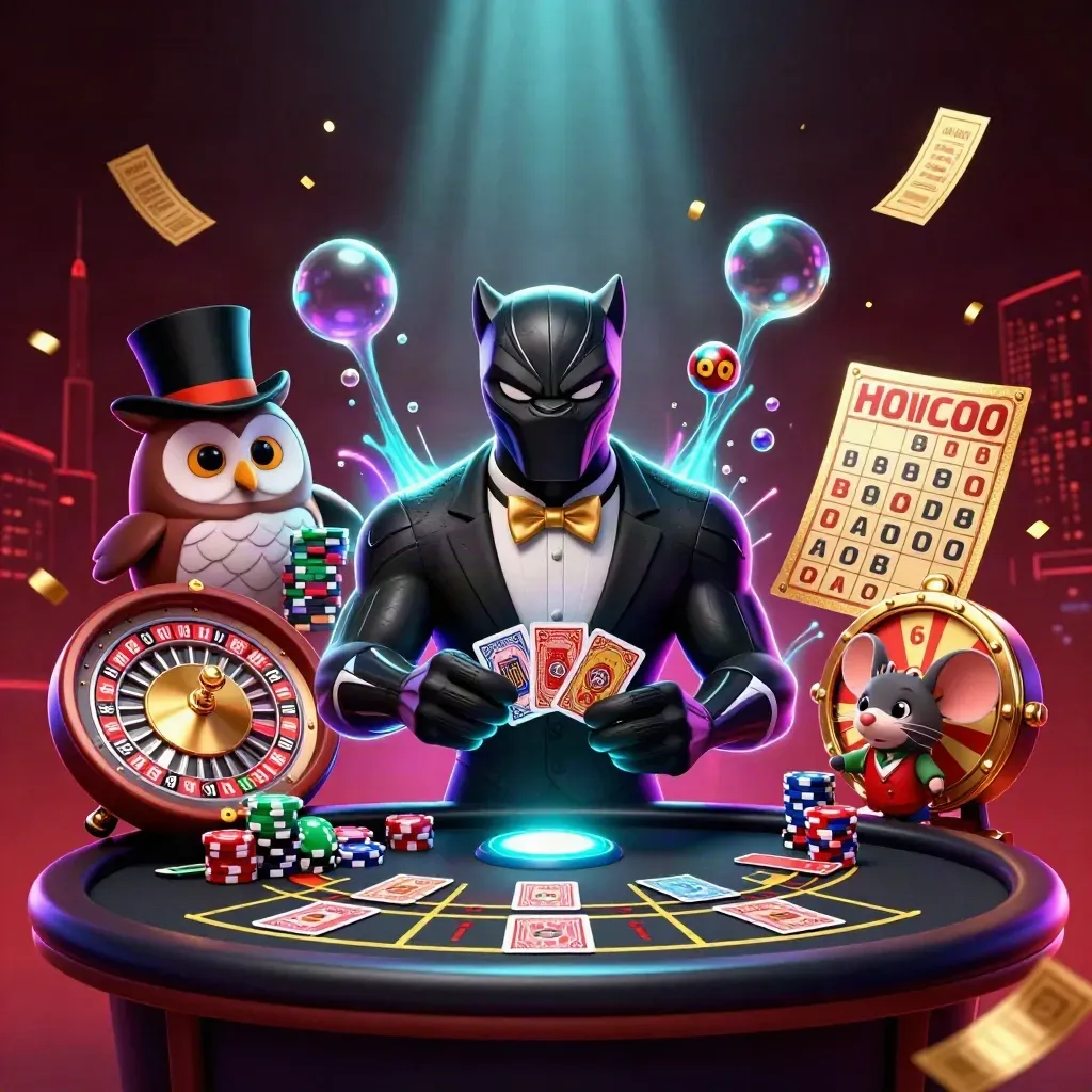 Panther, owl, and mouse in a luxe casino scene with glowing wheels, coins, and neon smoke.