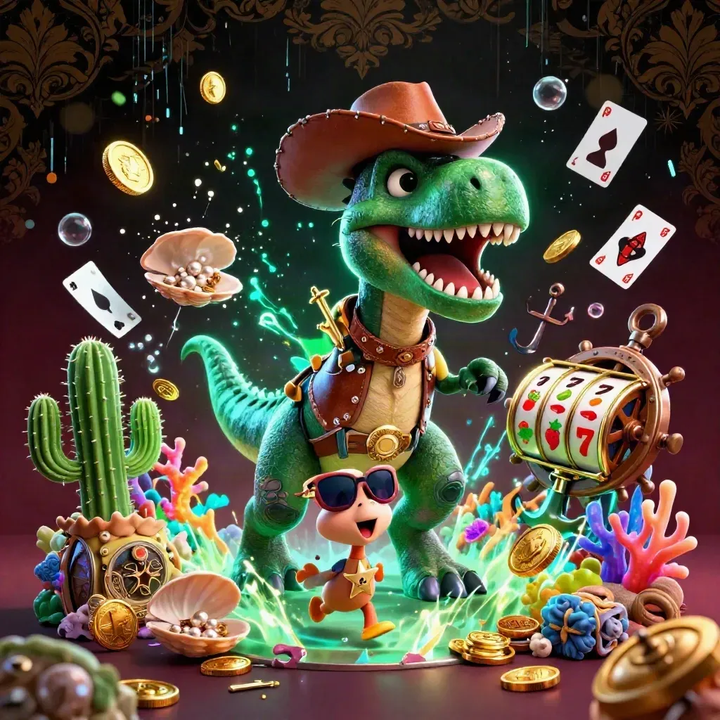 Cowboy T-Rex, cactus sidekick and roadrunner amid neon coins in a treasure cove.
