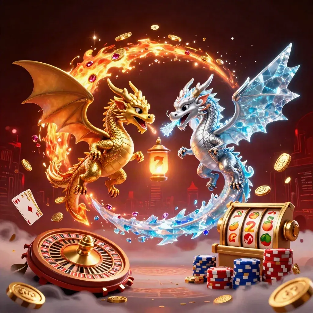 Gold and silver dragons spiral in yin-yang fire and ice amid casino treasure, chips, cards, and runes