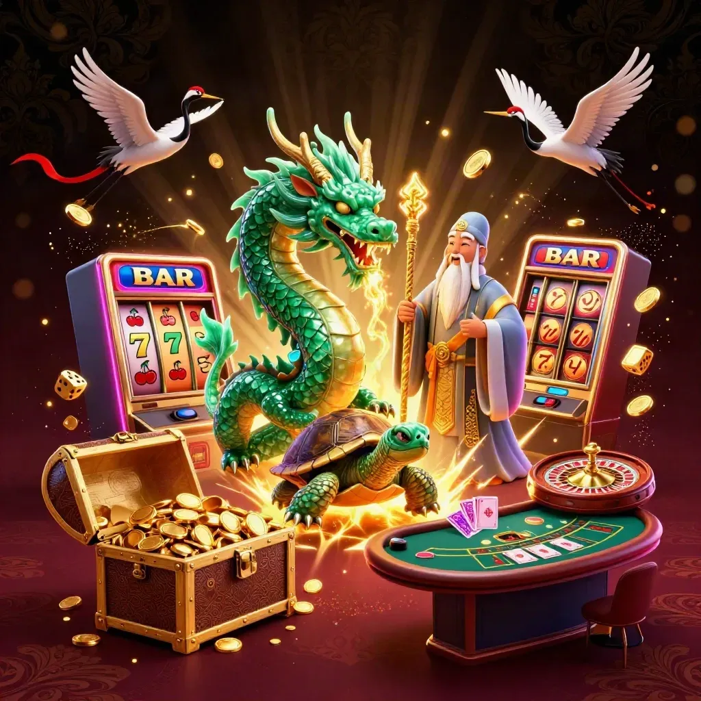 Emerald dragon, turtle sage, and cranes amid a vault burst of coins, slots, cards, and gold.