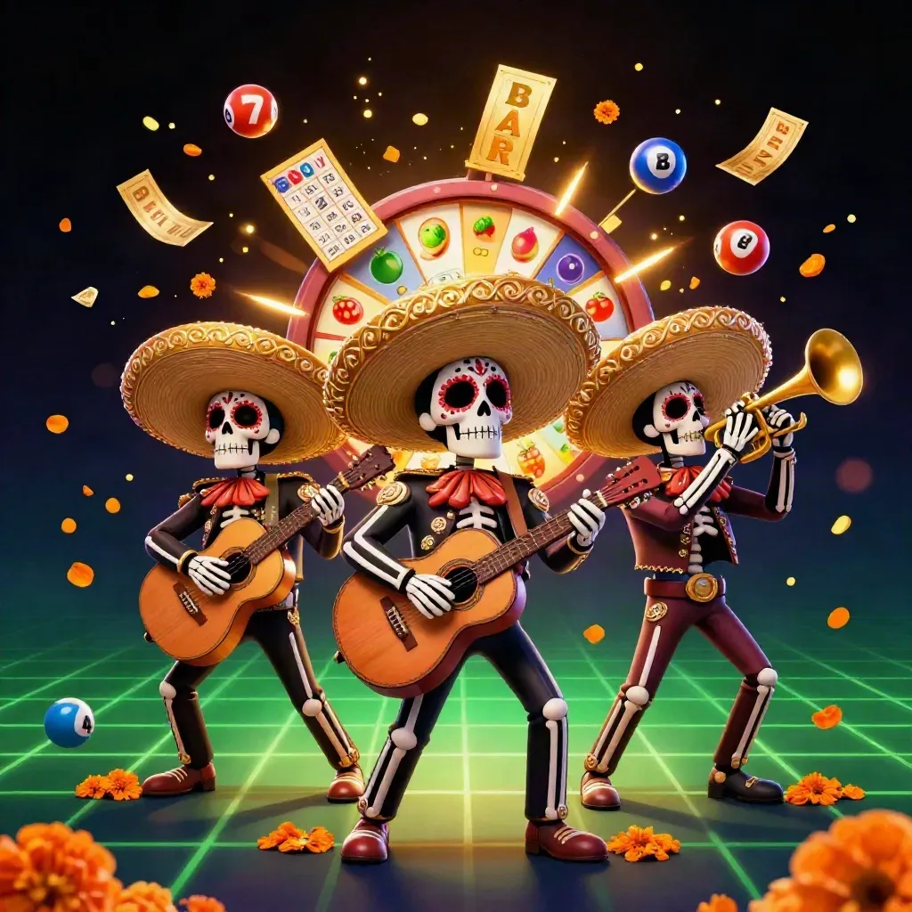 Three skeleton mariachi performers amid casino reels, gold sparks, bingo, and neon grid