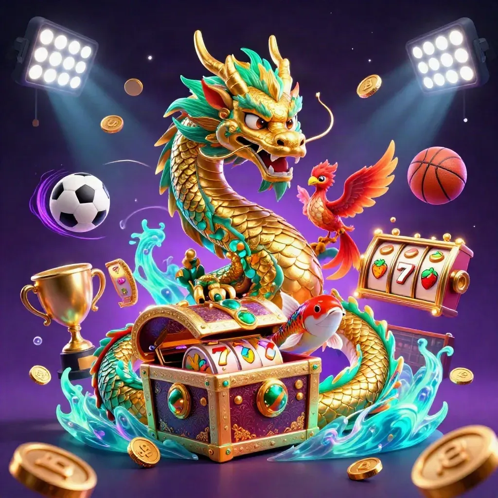 Golden dragon with phoenix and koi amid casino gear, coins, and neon energy.