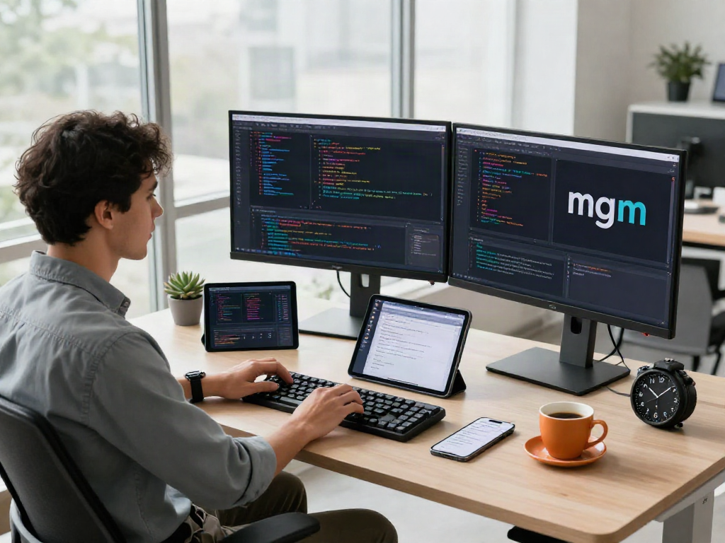 Developer focused on creating the mgm app in a modern tech workspace with dual monitors and design tools.